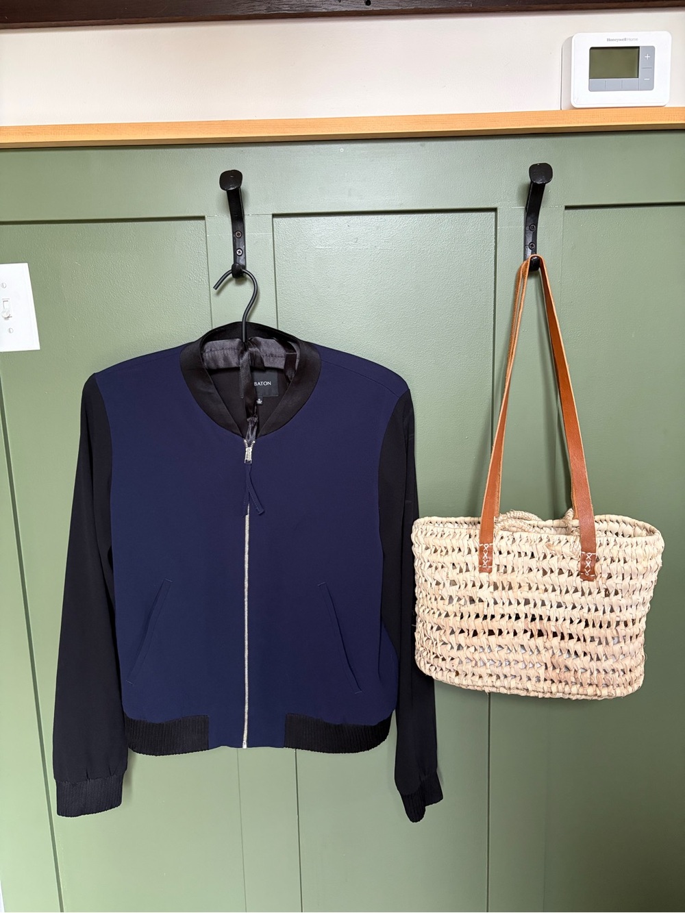 Babaton Navy and Black Colorblock Bomber Jacket